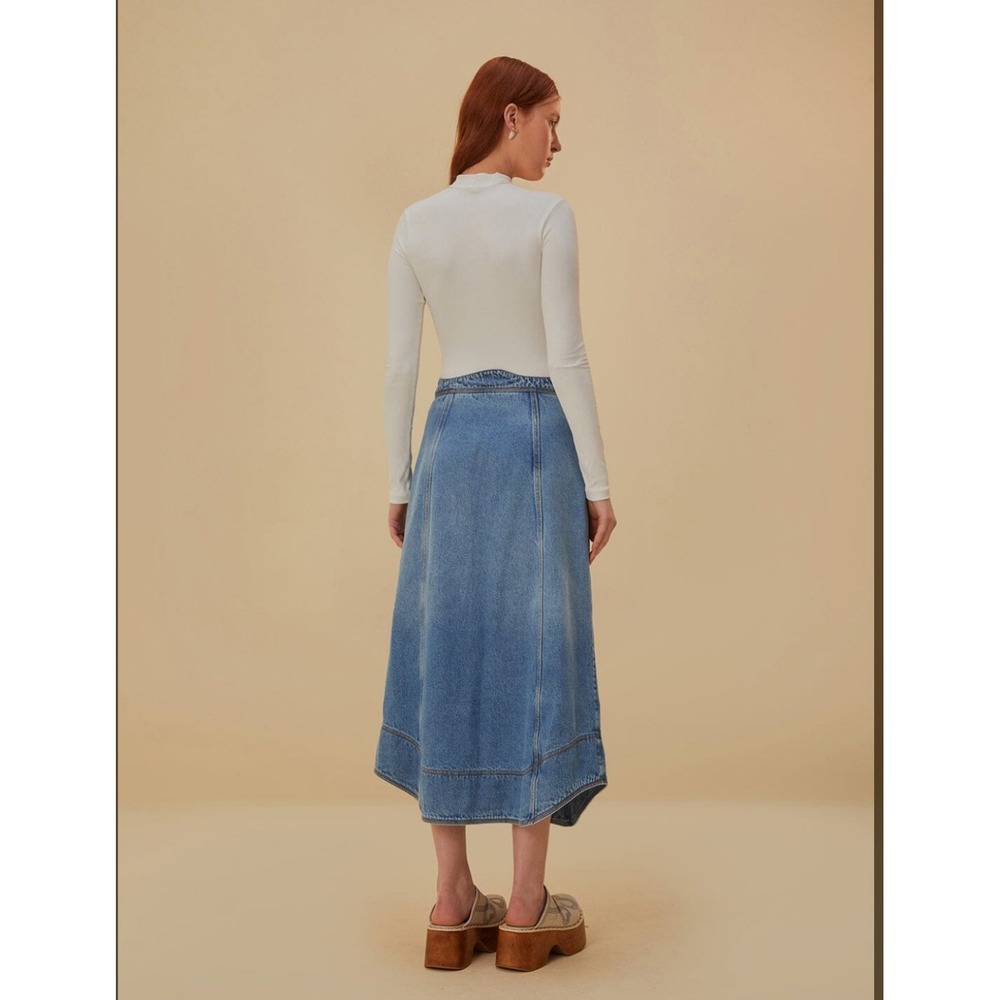 New Farm Rio Skirt 32 Denim Maxi Wave Light Wash Scalloped Button Front Artsy - Picture 3 of 12